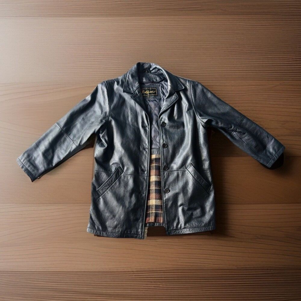 Raffaelo Black Leather Jacket Plaid Lined Button Front Women’s PS Pea Coat